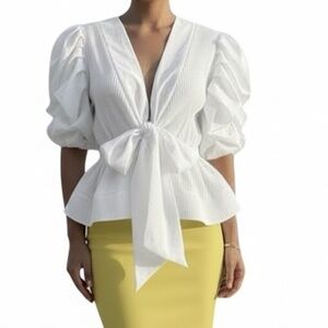 # A202  N by Nancy  Modern Glam  White Puff Sleeve  Peplum  Blouse  NWT  L